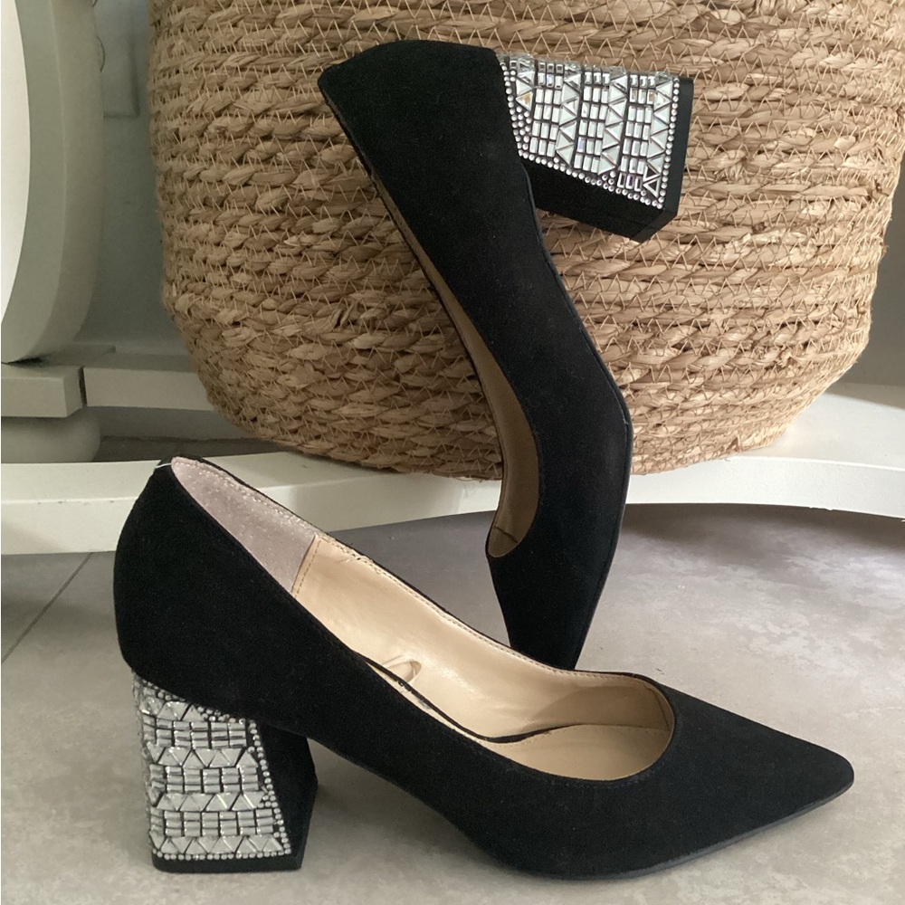 💗 BETSEY JOHNSON jeweled heels 6.5 black pumps mirror block heel